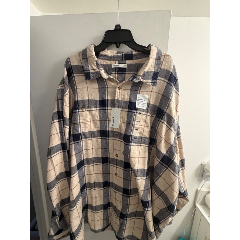 Sonoma Goods for Life Mens 4XB Supersoft Flannel Plaid Button Down Shirt Cream